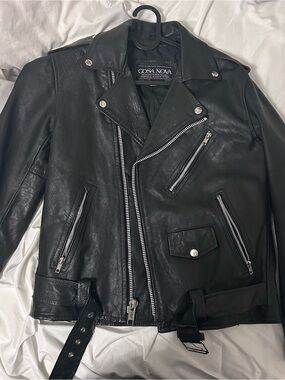 Vintage Black Leather Biker Jacket with Silver Hardware